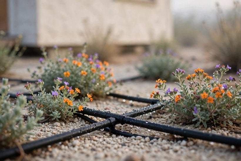 Landscaping with Rocks: drip lines running to grouped perennials in a transition hydrozone