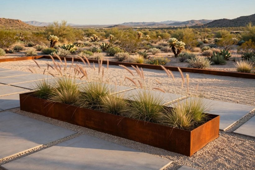 Landscaping with Rocks: a corten steel planter and rectilinear pavers against wild desert planting