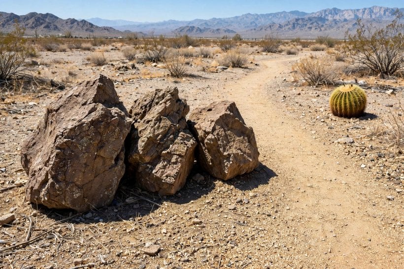 Landscaping with Rocks: locally sourced desert boulders grouped in threes beside a DG path