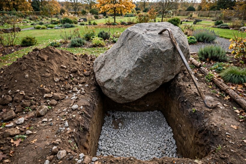Laying Out Big Landscape Rocks: a boulder at the edge of its excavated, crushed-stone-lined pocket