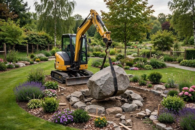 Laying Out Big Landscape Rocks: a mini excavator lowering a strapped boulder into a garden bed