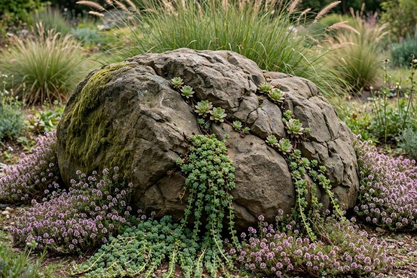Laying Out Big Landscape Rocks: thyme, sedum and hens-and-chicks softening a mossy boulder