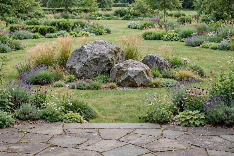 Laying Out Big Landscape Rocks: a three-boulder group composed from the patio viewpoint