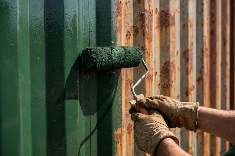 how long do container homes last: applying protective anti-rust coating to a rusted container wall