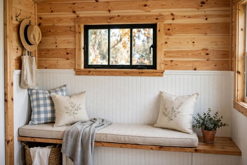 Lightweight Interior Wall Finishes for Tiny Houses: beadboard and nickel-gap shiplap sharing one cottage-style wall
