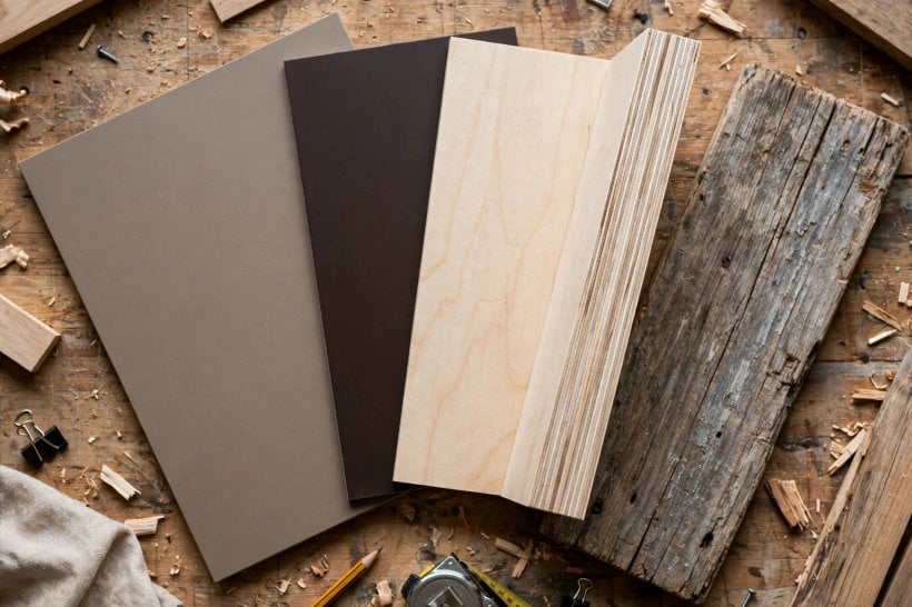 Lightweight Interior Wall Finishes for Tiny Houses: MDF, hardboard, Baltic birch and reclaimed wood samples compared