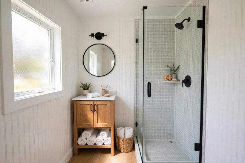 Lightweight Interior Wall Finishes for Tiny Houses: a waterproof PVC beadboard bathroom with a tiled shower surround