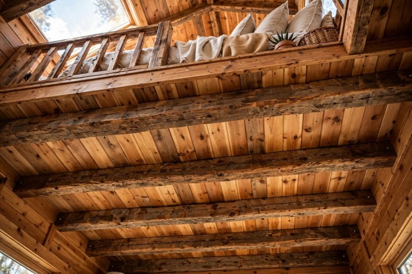 Lightweight Interior Wall Finishes for Tiny Houses: exposed beams and roof decking forming the ceiling of a tiny house