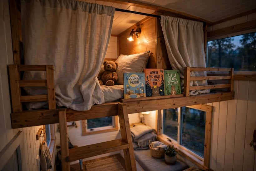 living in a tiny house with kids: curtained loft bunk with a reading light as a child's own sleep zone