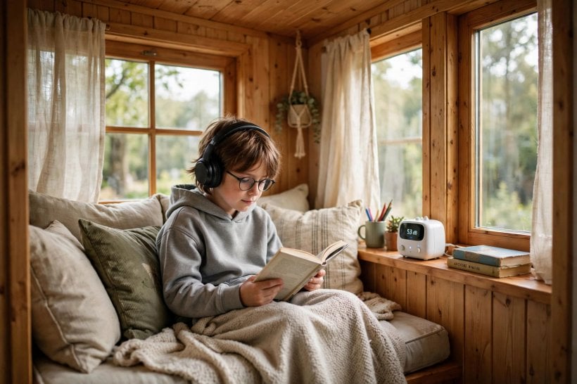 living in a tiny house with kids: child reading with headphones in a quiet nook beside a white noise machine
