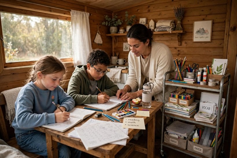 living in a tiny house with kids: homeschooling at the kitchen table with a rolling supply cart