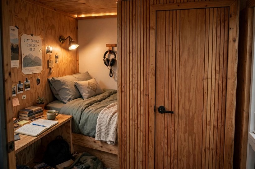 living in a tiny house with kids: teenager's partitioned bedroom pod with a real door for privacy