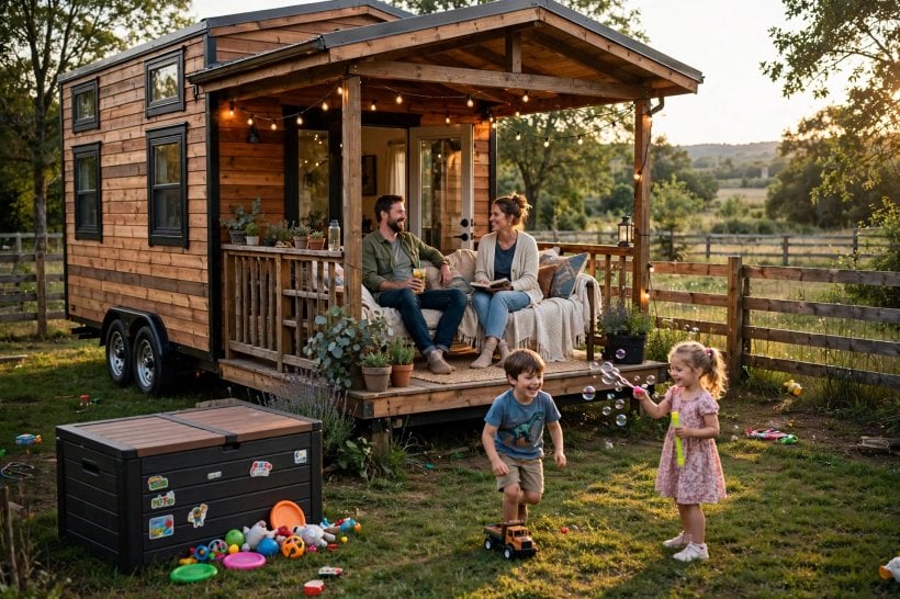 living in a tiny house with kids: covered porch and fenced yard used as extra living rooms