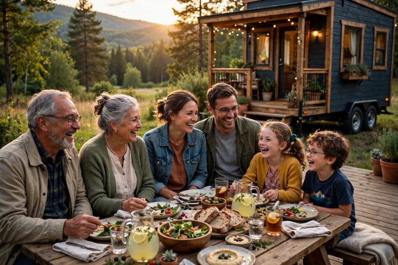 living in a tiny house with kids: grandparents visiting for a meal on the deck outside the tiny house