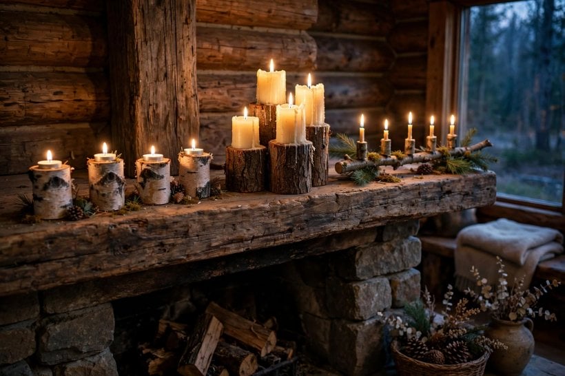 log craft ideas: log candle holders with tea lights and pillar candles on a rustic mantel