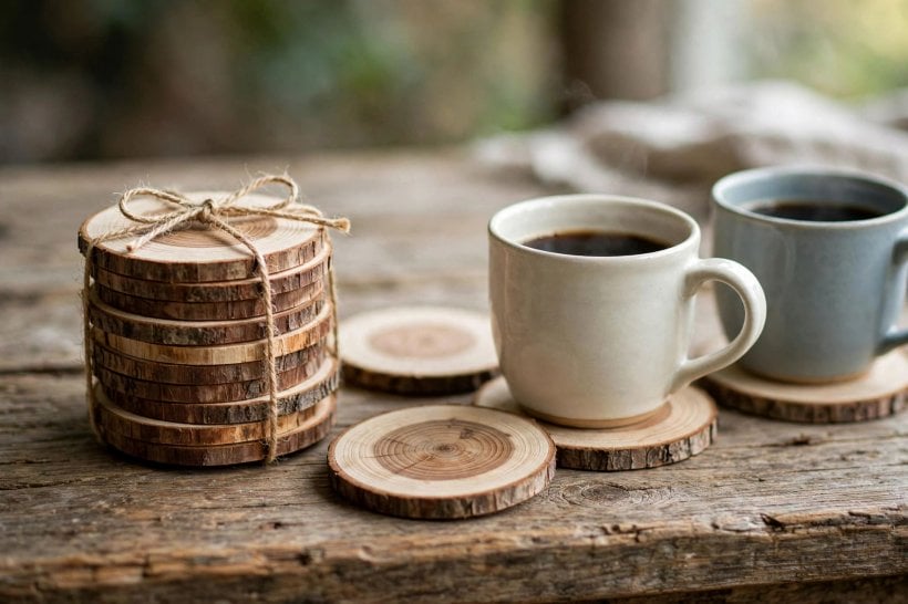 log craft ideas: a twine-tied stack of sanded log coasters beside coffee mugs