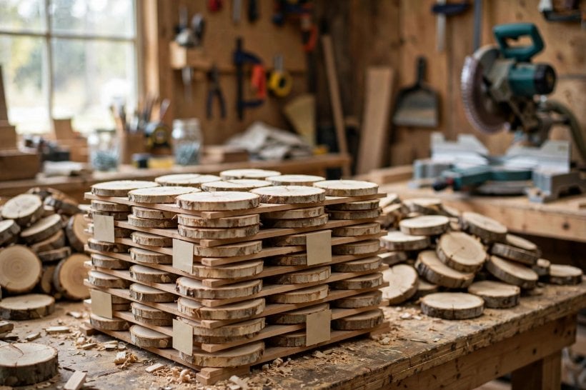 log craft ideas: thin log slices stickered in a stack to dry without cracking