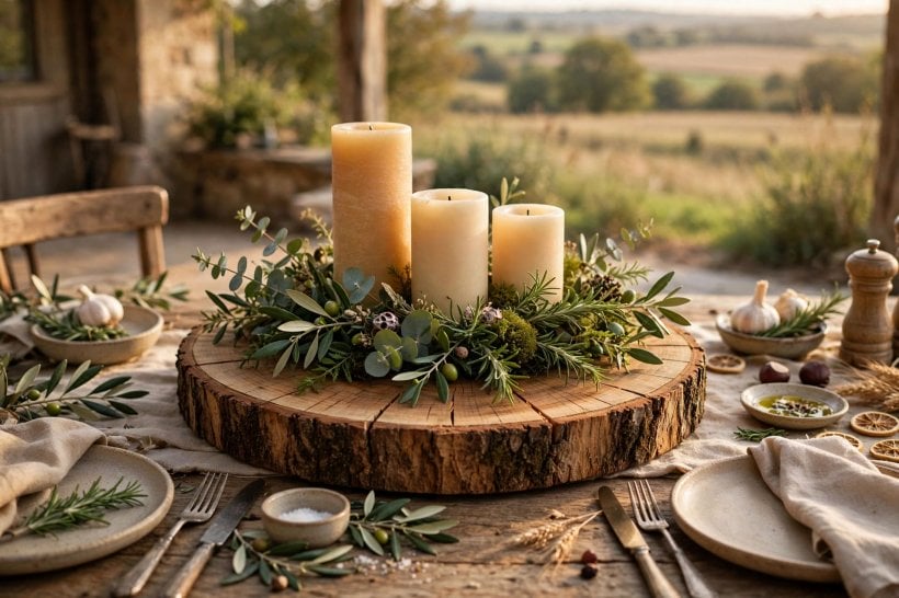 log craft ideas: a large wood cookie centerpiece with candles and greenery