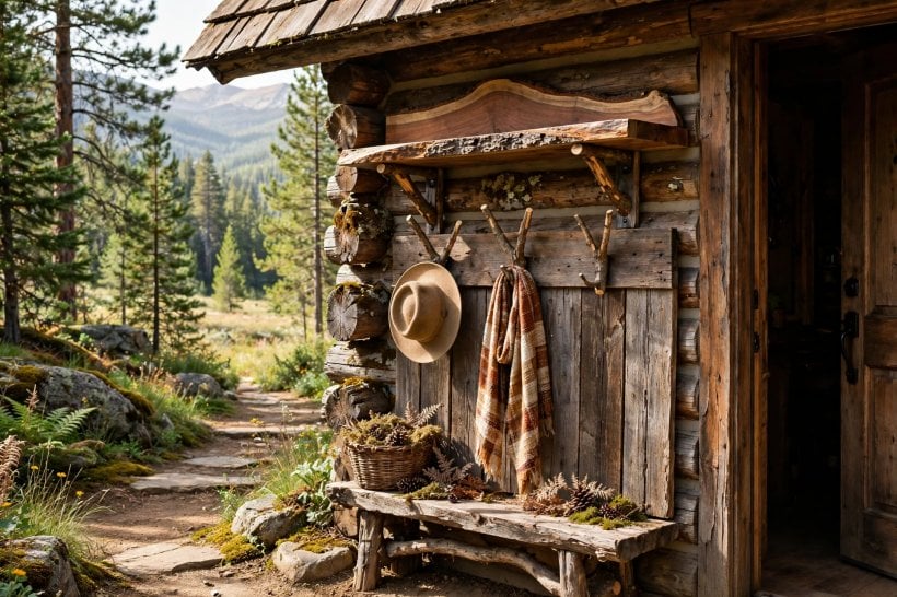 log craft ideas: branch-bracket shelf and forked-branch coat hooks in a cabin entryway