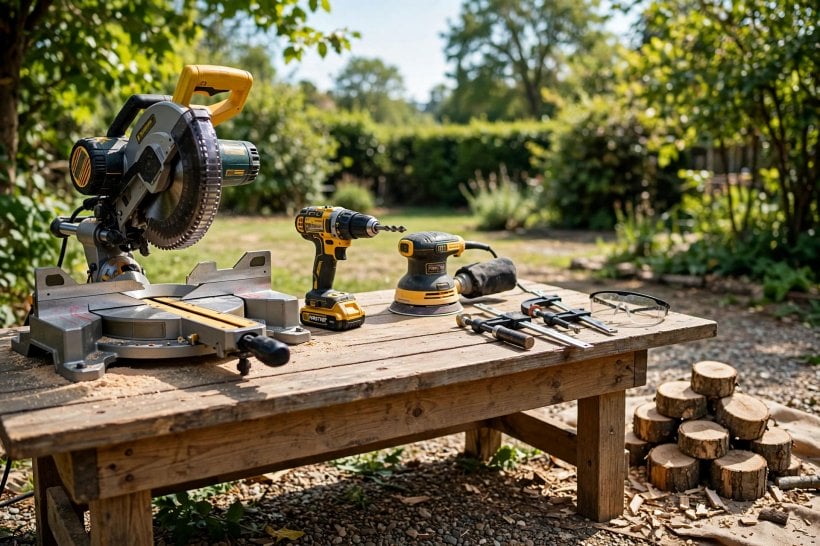 log craft ideas: the minimal tool kit — miter saw, drill, sander and clamps on a bench