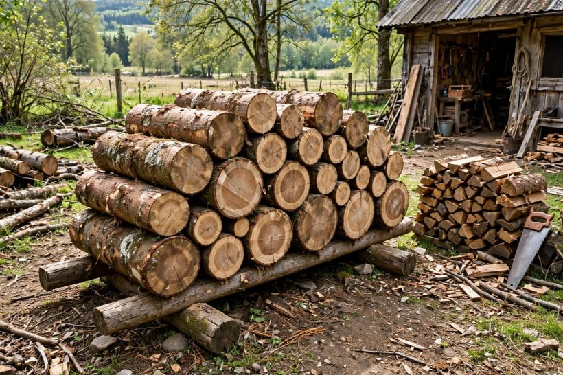 log project ideas: sound logs stacked off the ground to season