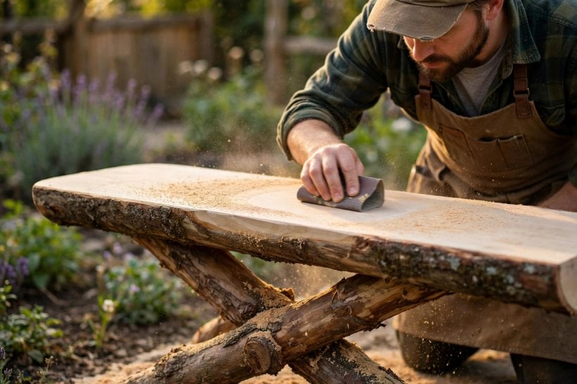 log project ideas: sanding the flat seat of a half-log bench smooth