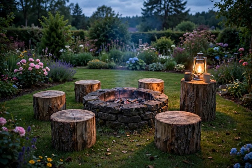 log project ideas: log stools and a stump side table around a fire pit