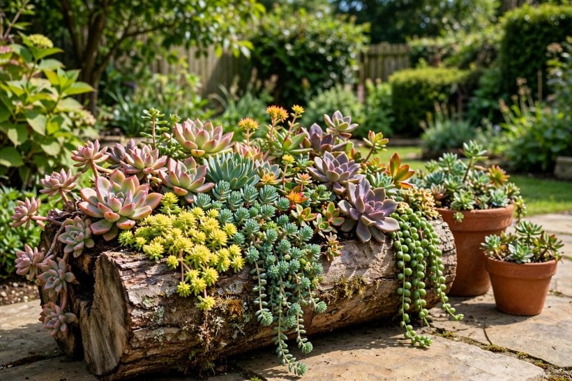 log project ideas: a hollowed log planter spilling over with succulents