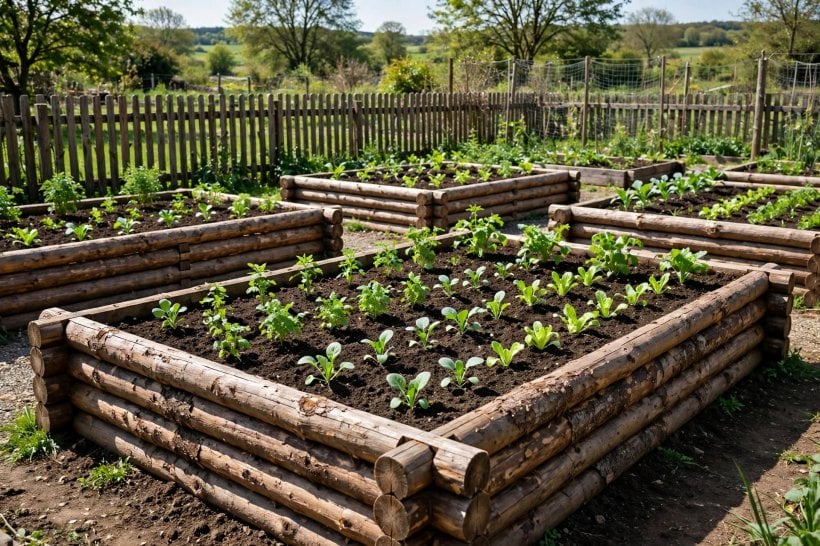 log project ideas: a raised bed stacked log-cabin style from round logs