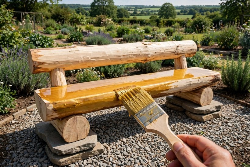 log project ideas: a peeled log bench raised on flat stone footings