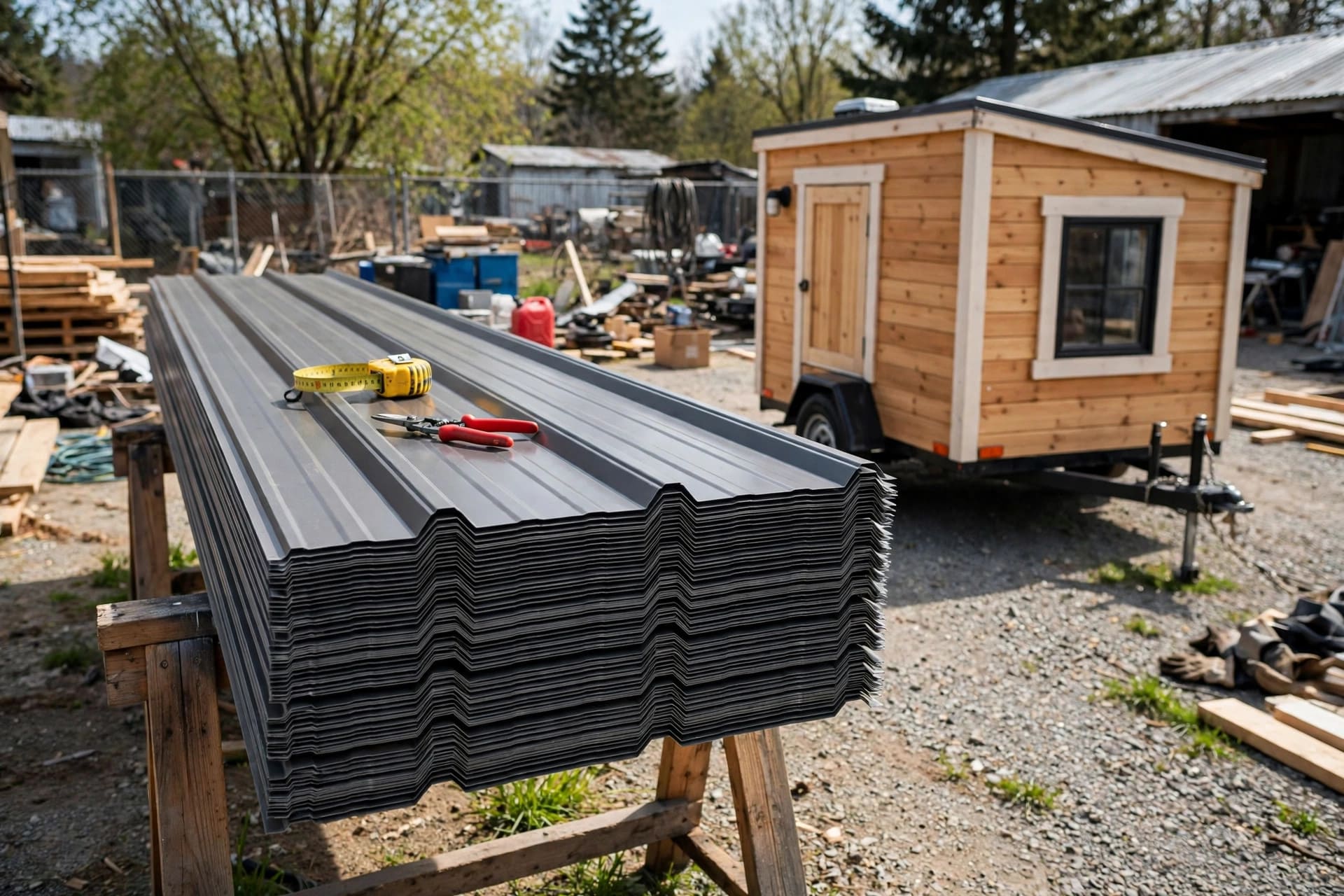 metal roofing material calculator: stack of R-panel metal roofing sheets ready to install
