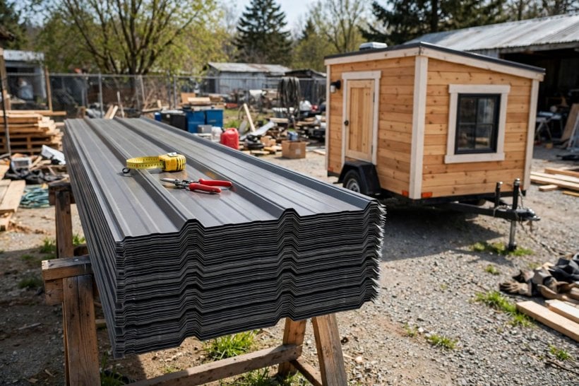 metal roofing material calculator: stack of R-panel metal roofing sheets ready to install