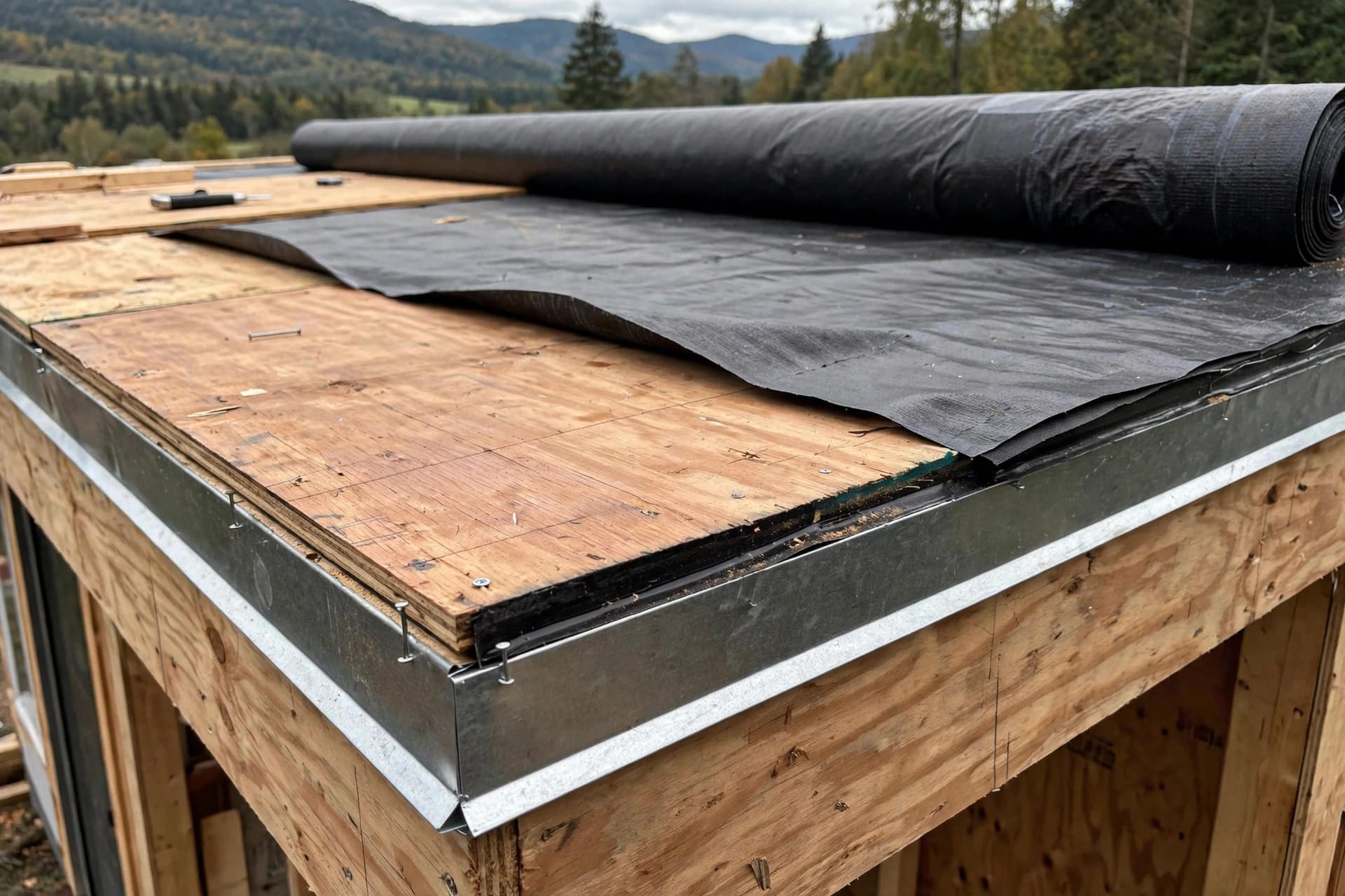 metal roofing material calculator: roof deck layers with underlayment and drip edge