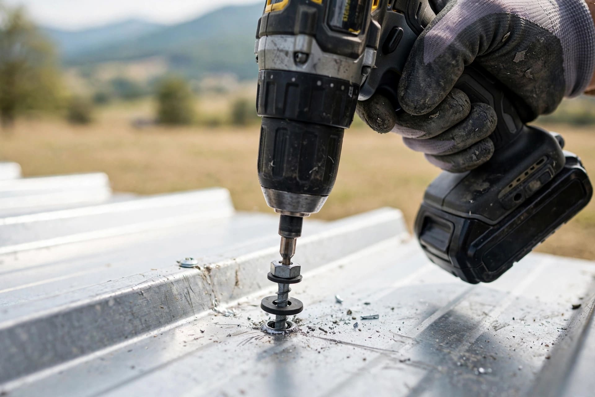 metal roofing material calculator: driving a washered screw into the flat of an R-panel