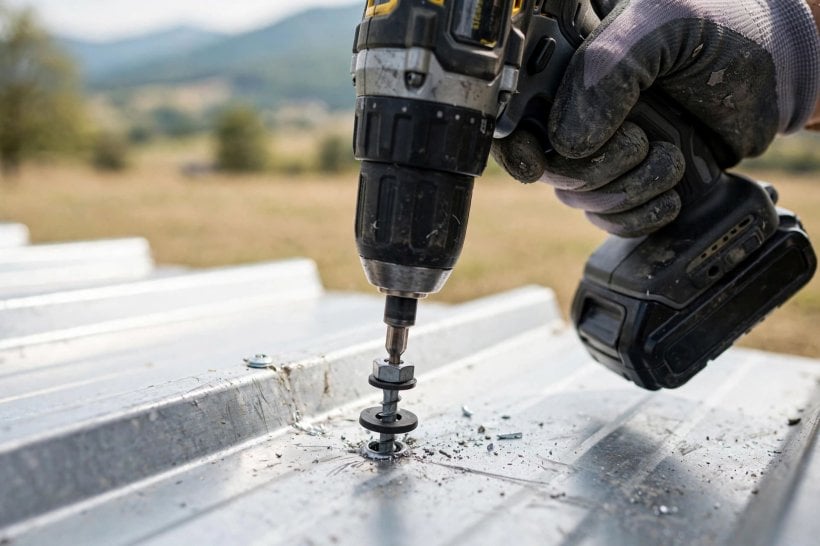 metal roofing material calculator: driving a washered screw into the flat of an R-panel