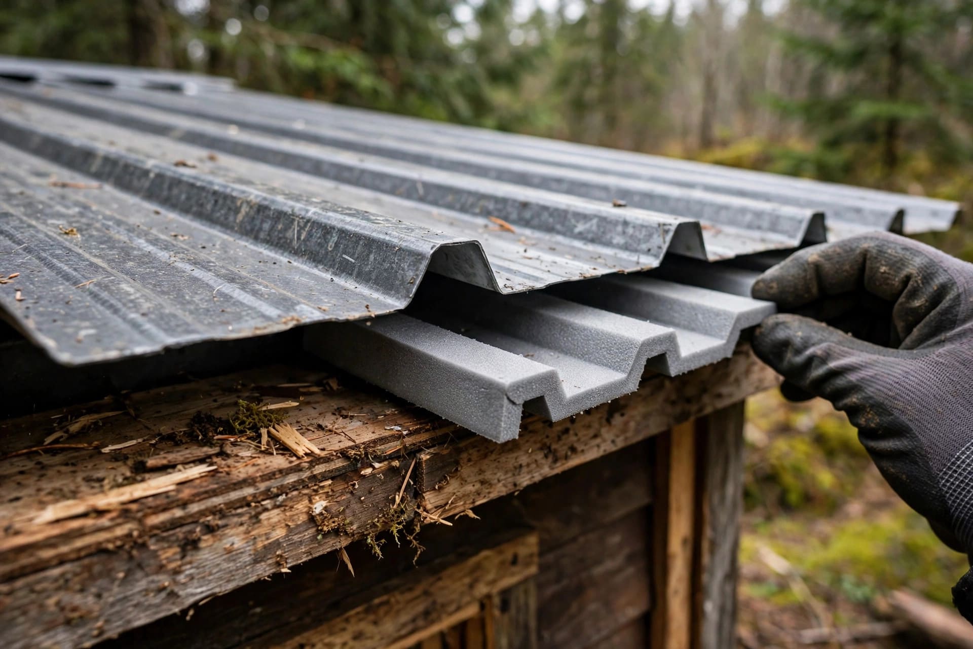 metal roofing material calculator: foam closure strips fitted under a panel edge