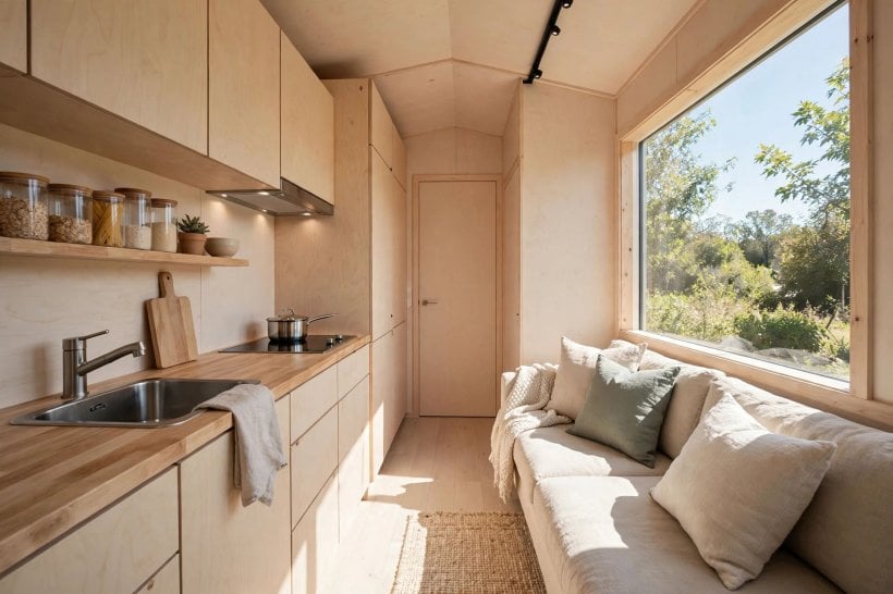 modular tiny house floor plans: complete 8 by 20 core module interior with kitchen, bath and living-sleeping space in one open room