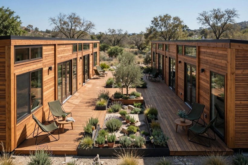 modular tiny house floor plans: two parallel bar modules joined by a deck, forming a U around a shared courtyard