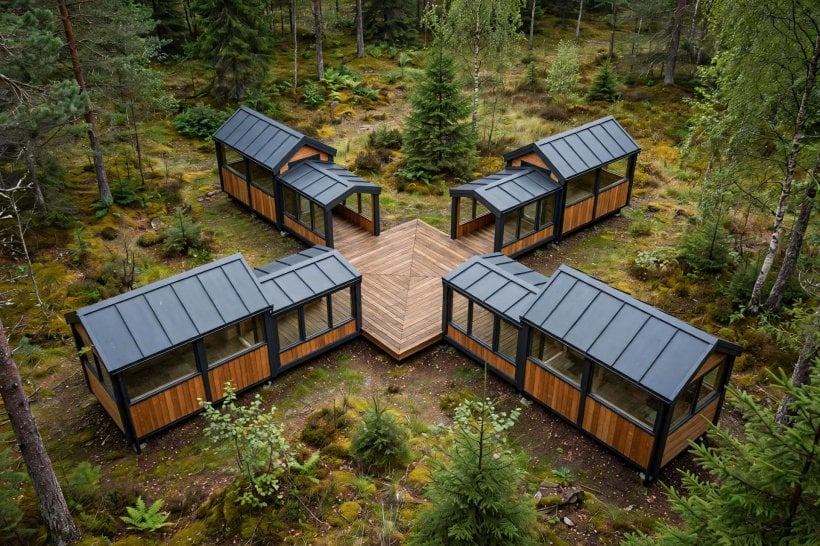 modular tiny house floor plans: four identical pods arranged around a central deck and linked by enclosed walkways