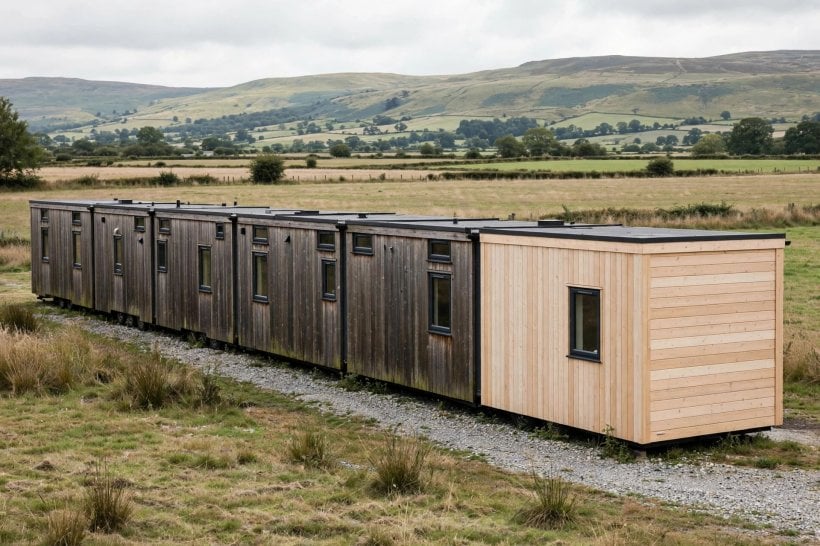 modular tiny house floor plans: linear extender house grown in 8-foot cassette increments along a single spine