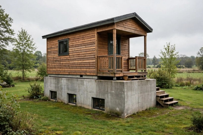 modular tiny house floor plans: house on a full-height foundation with a roughed-in basement level below