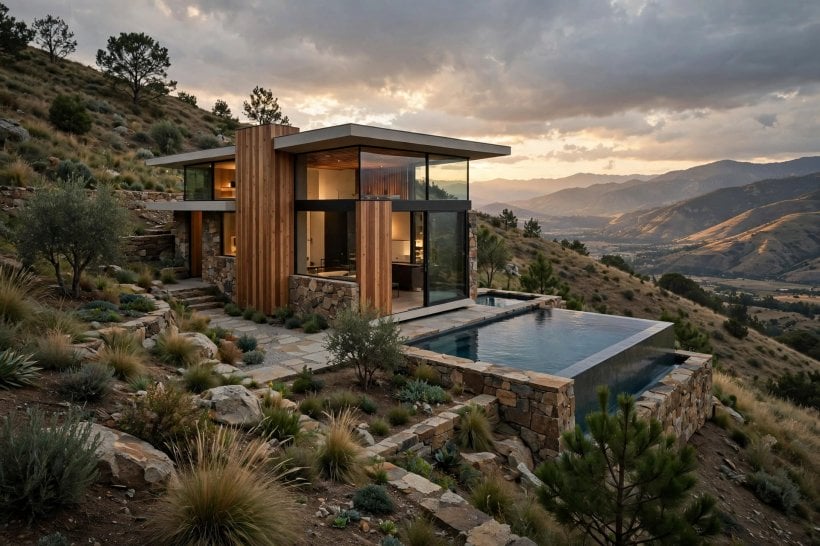 most luxurious tiny homes: architect-designed luxury tiny house exterior with cedar, stone and glass
