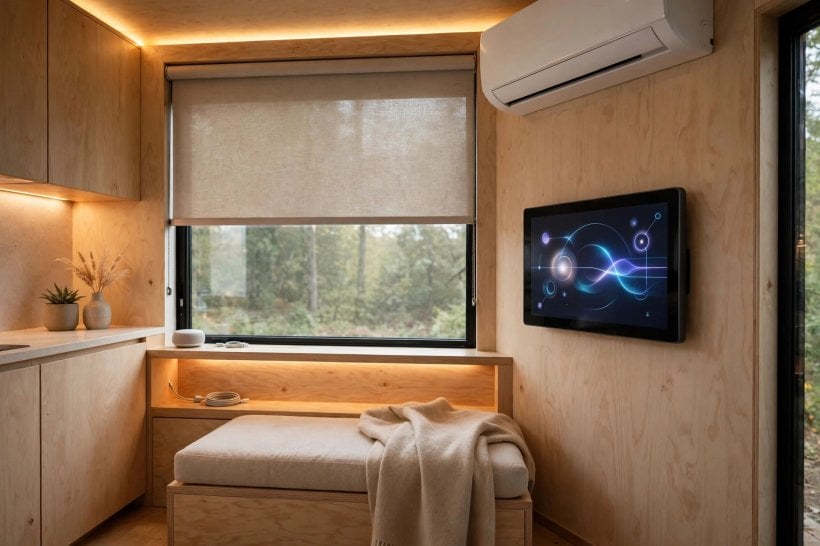 most luxurious tiny homes: integrated smart home control panel and automated shades in a luxury tiny interior