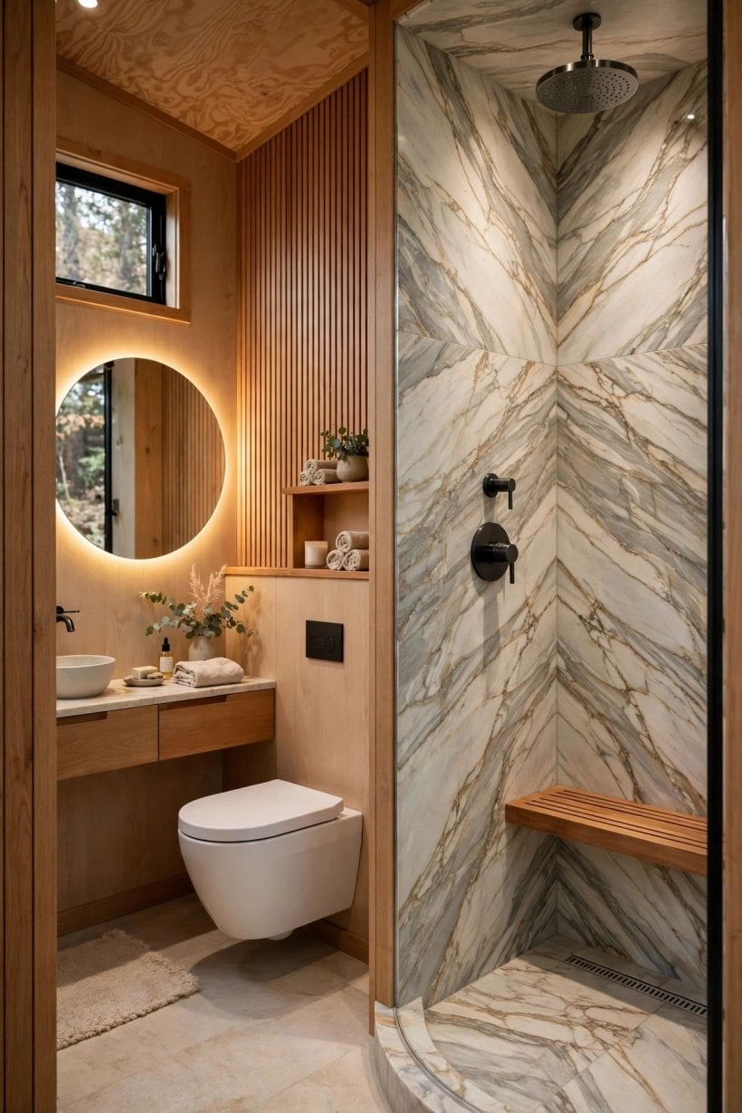 most luxurious tiny homes: spa bathroom with curbless stone shower, rain head and heated floors