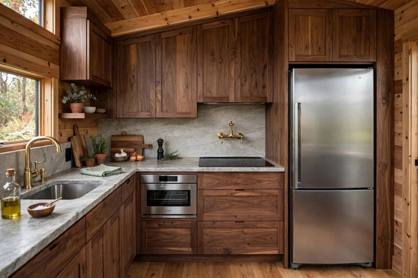 most luxurious tiny homes: chef's micro-kitchen with stone counters, induction cooktop and ceiling-height cabinetry