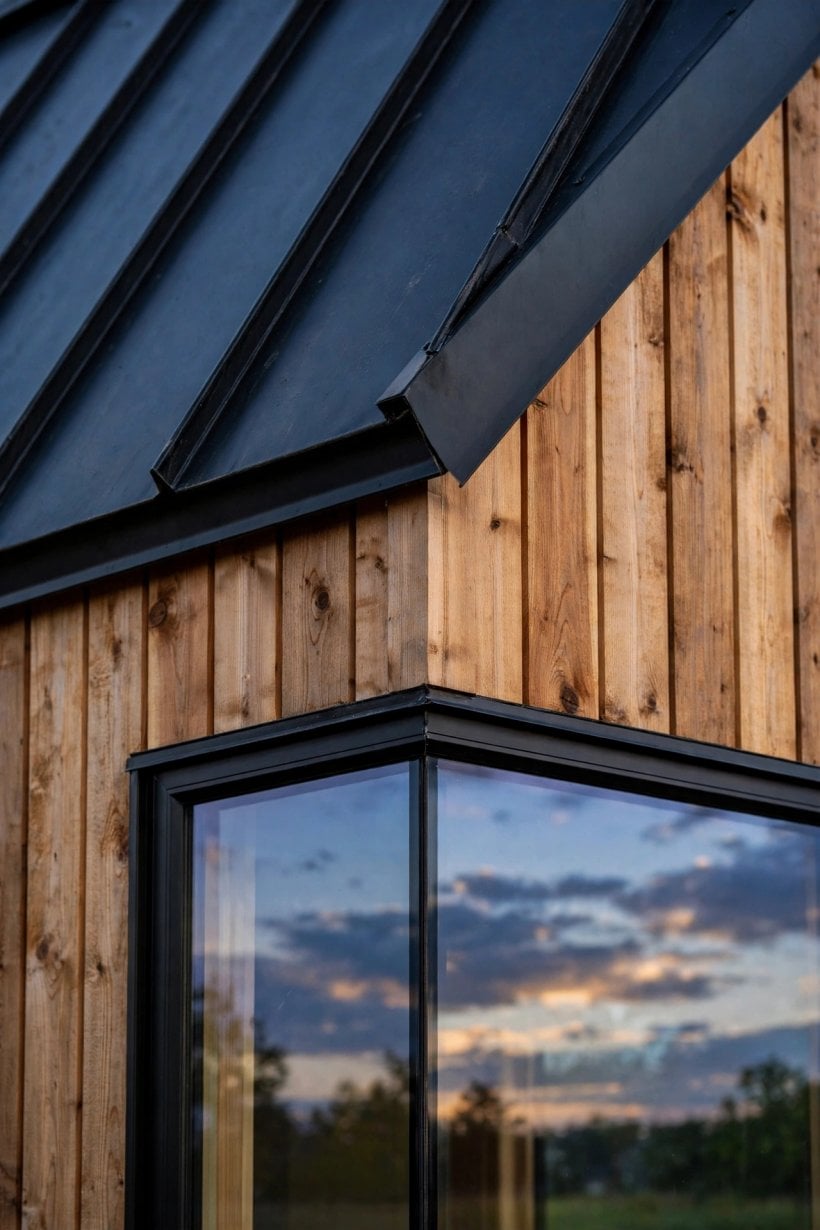 most luxurious tiny homes: premium materials detail of cedar siding, standing-seam metal and triple-glazed glass