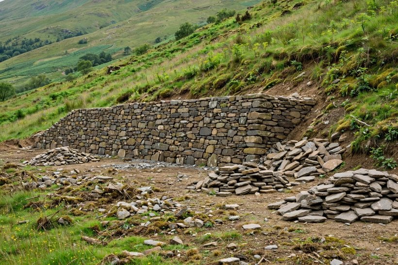natural rock retaining wall: a dry-stack fieldstone wall leaning back into the hillside, stones sorted beside it