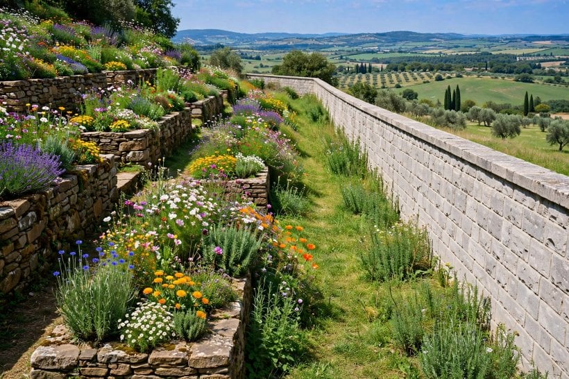 natural rock retaining wall: terraced garden beds in dry-stack stone beside a formal mortared wall