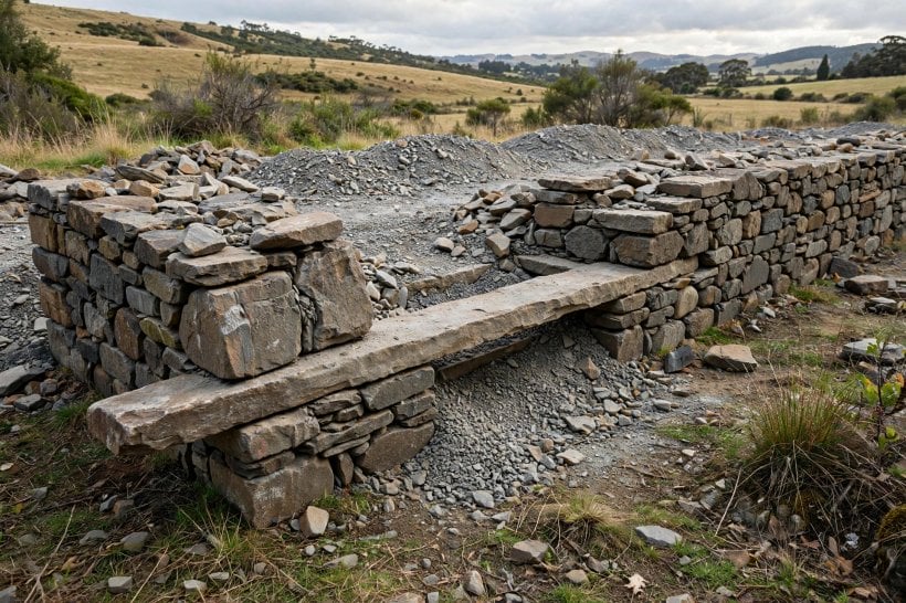 natural rock retaining wall: a long tie stone spanning from the wall face into the backfill, hearting packed between face stones