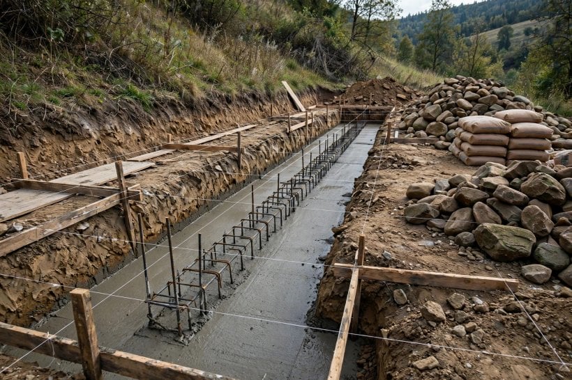 natural rock retaining wall: a fresh concrete footing with rebar in a trench, stone and mortar ready beside it